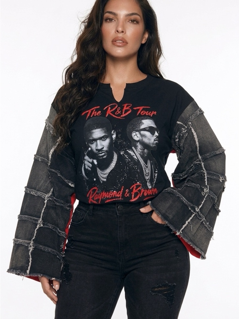 Upcycled Black Distressed Panel Sleeve Chris. Brown & Usher tour top size L/XL